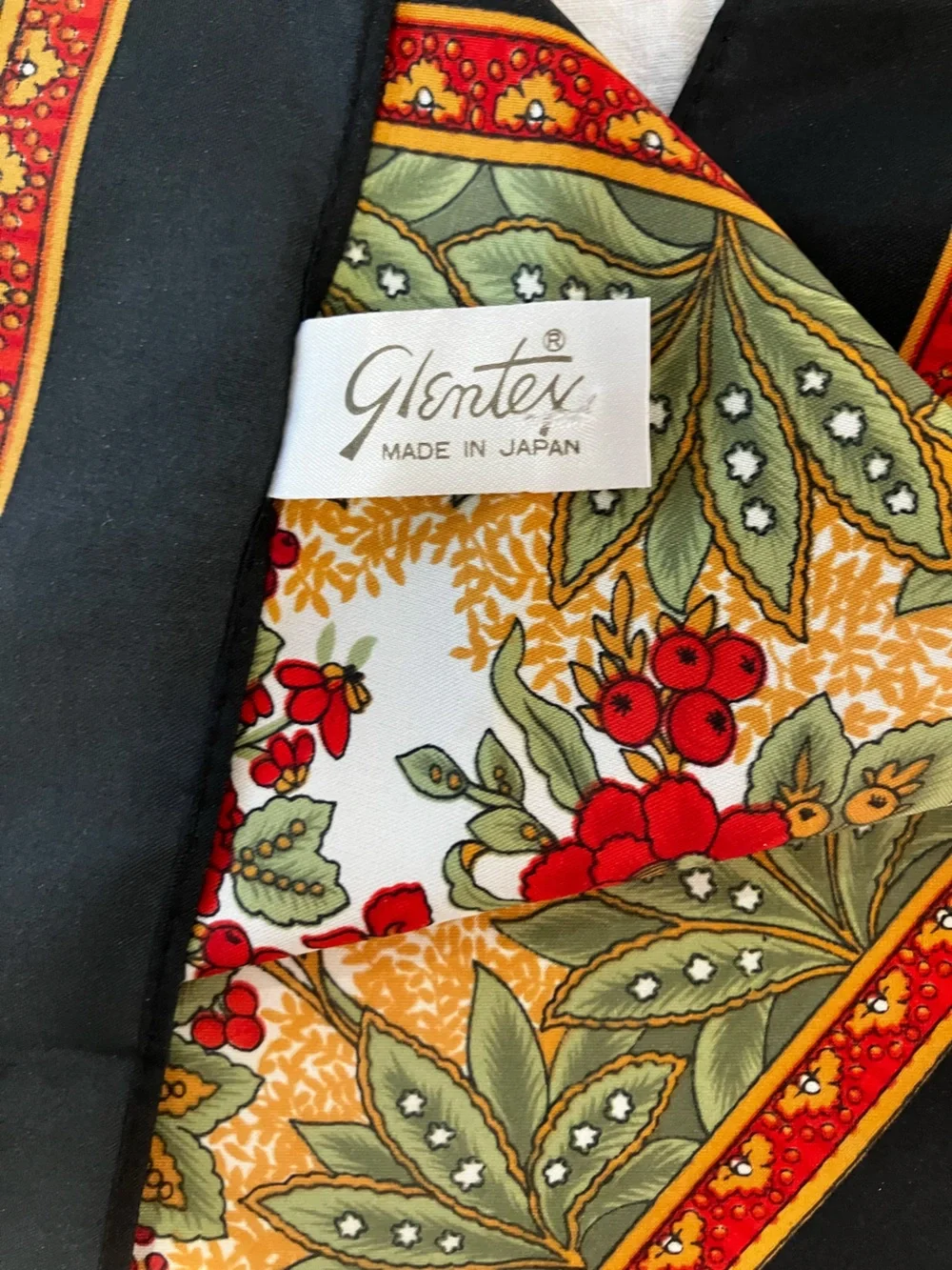 Vtg. Floral Red & Green Border Silk-Feel Scarf